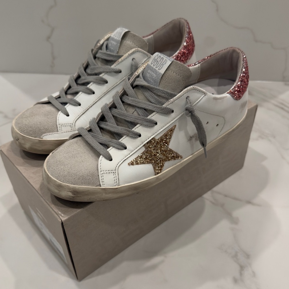 Golden Goose White and Gold Star Sneakers with Pink Glitter Heel
